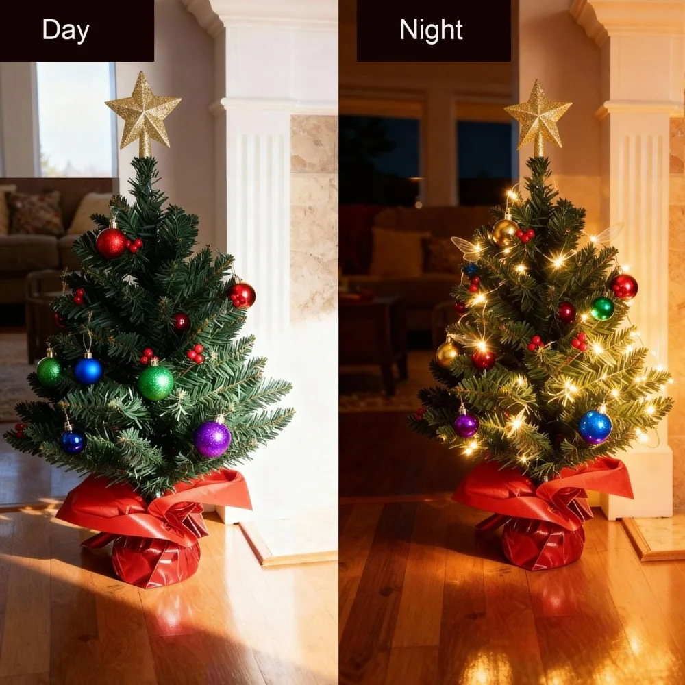 شجرة صنوبر صناعية صغيرة مقاس 24 بوصة لعيد الميلاد مع أضواء LED وحلي زخرفية لعرض عطلة الطاولة