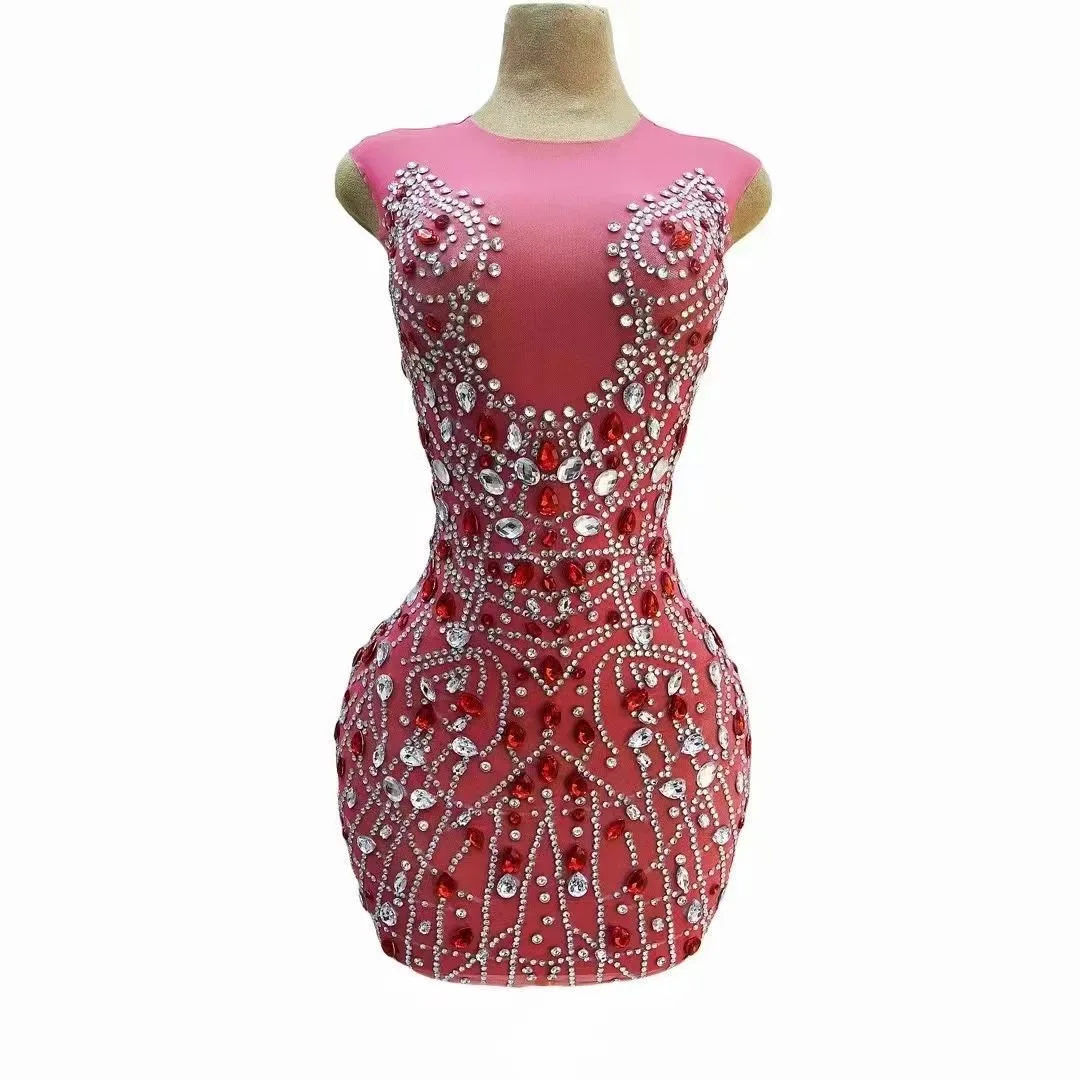 

Women Sexy Stretch Tight Deep Pink Sleeveless Celebration Birthday Mini Dress DJ Female Singer Stage Performance Costume