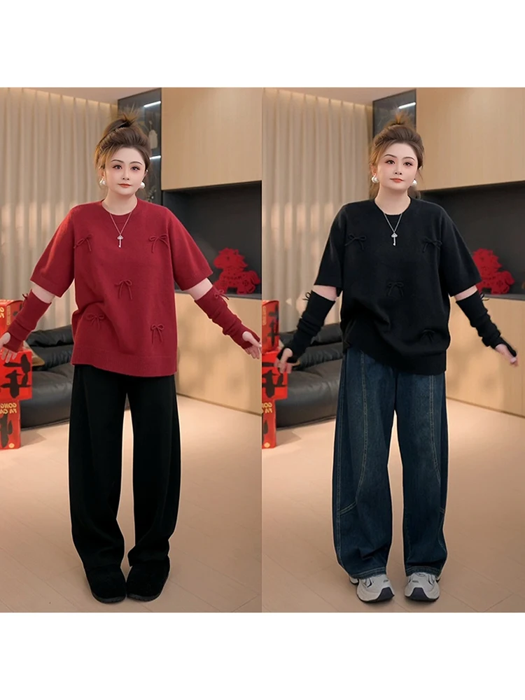 

PangJiaJia Large Size Women's Long Sve Knitted Sweater round Ne Casual Sle Winter Warm Fce Sweet Heart Le Top