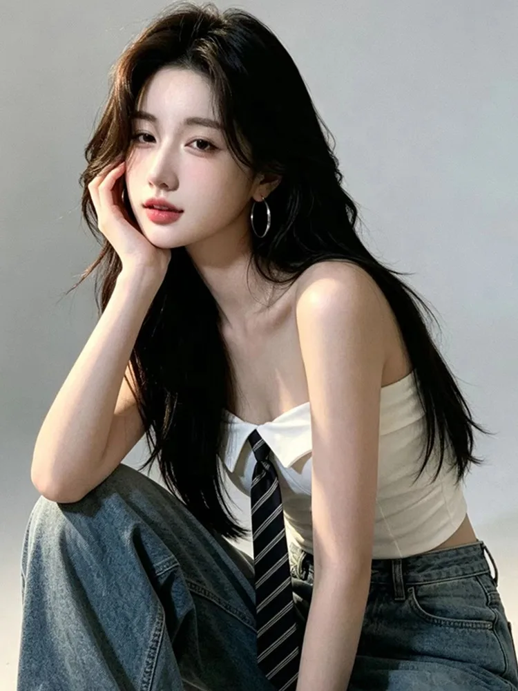

Slimming Striped Tie Crop Top Women's Summer New Style Fixed Band Chest Pad Short Shirt City Walk Linen Material Flip Collar
