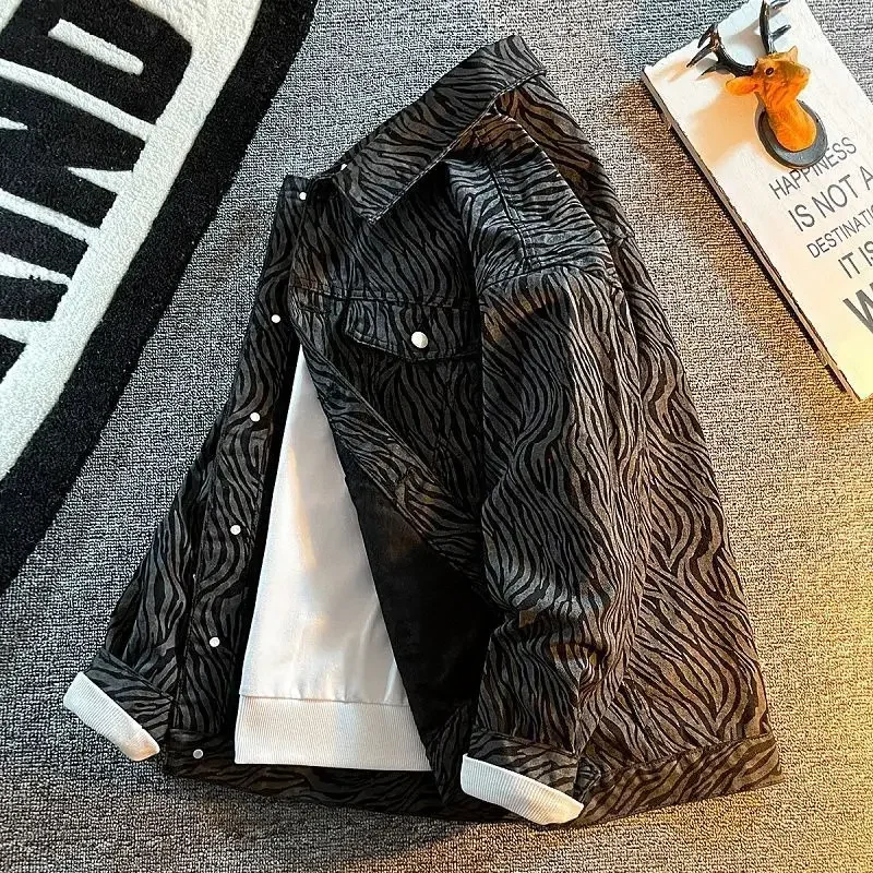 Men's Denim Jacket Black Striped Autumn Male Jean Coats Button Korean Popular Clothes Big Size Clothing Chic Elegant ZL457