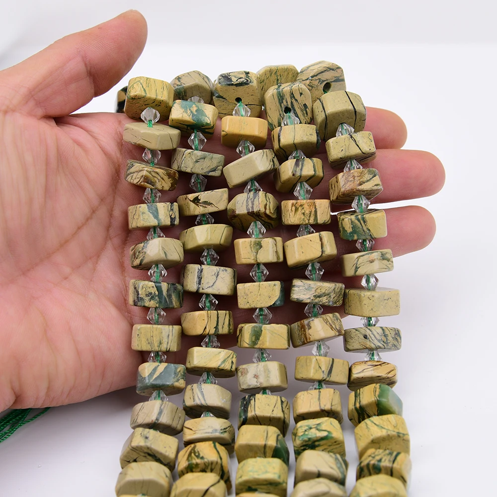 APDGG 7x14mm Natural Green Dragon Vein Stone Jasper Square Slice Nugget Loose Beads 15