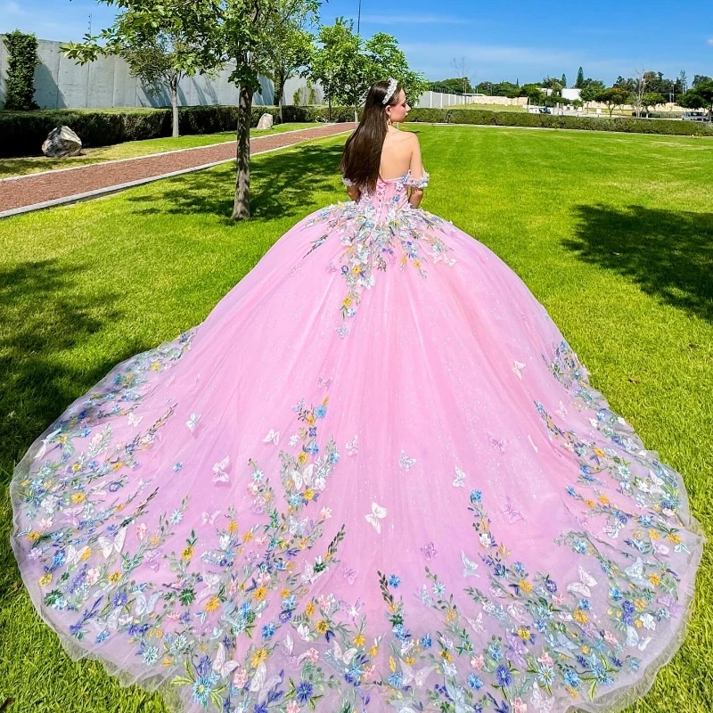 

Pink Sparkly Princess Quinceanera Dresses off Shoulder Gillter Applique Lace Bow Sequins Beading Tull Vestido 15 de Anos Sweet16