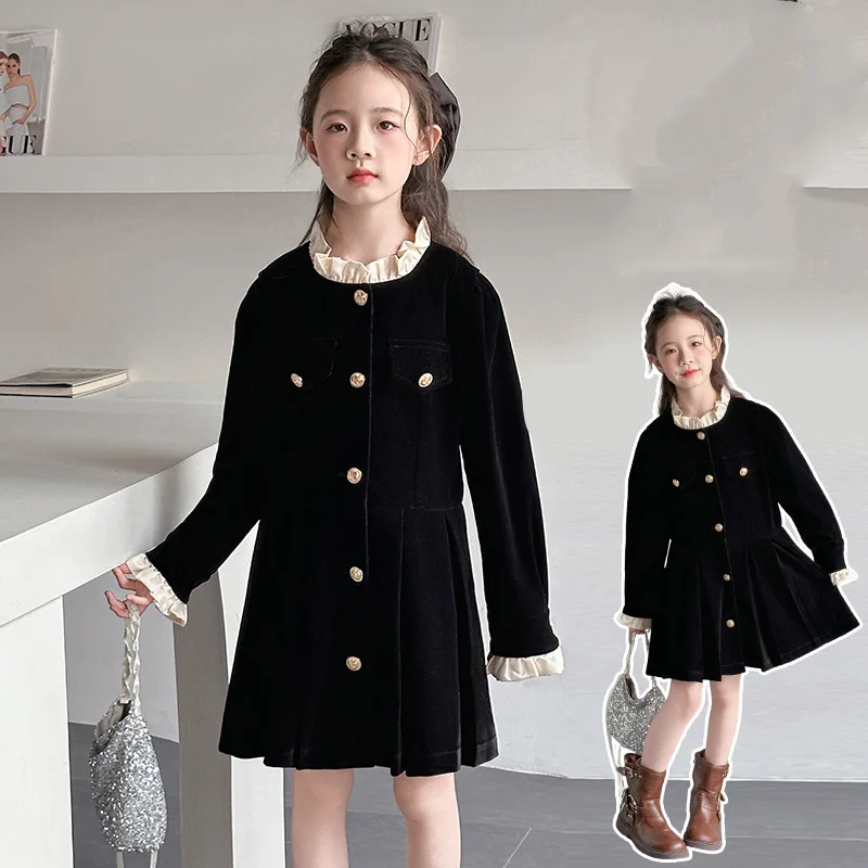 الخريف مدرسة بنات قطعة واحدة مجموعات المرقعة جولة الرقبة الأطفال الفتيات فستان الأميرة زر واحدة الصدر الاطفال الفتيات Derss #4