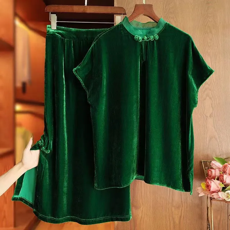 Limiguyue Spring Autumn Green Velvet Women's Set Chinese Split Midi Skirt Suit Raglan Sleeve Short Sleeve Stand Collar Tops F397