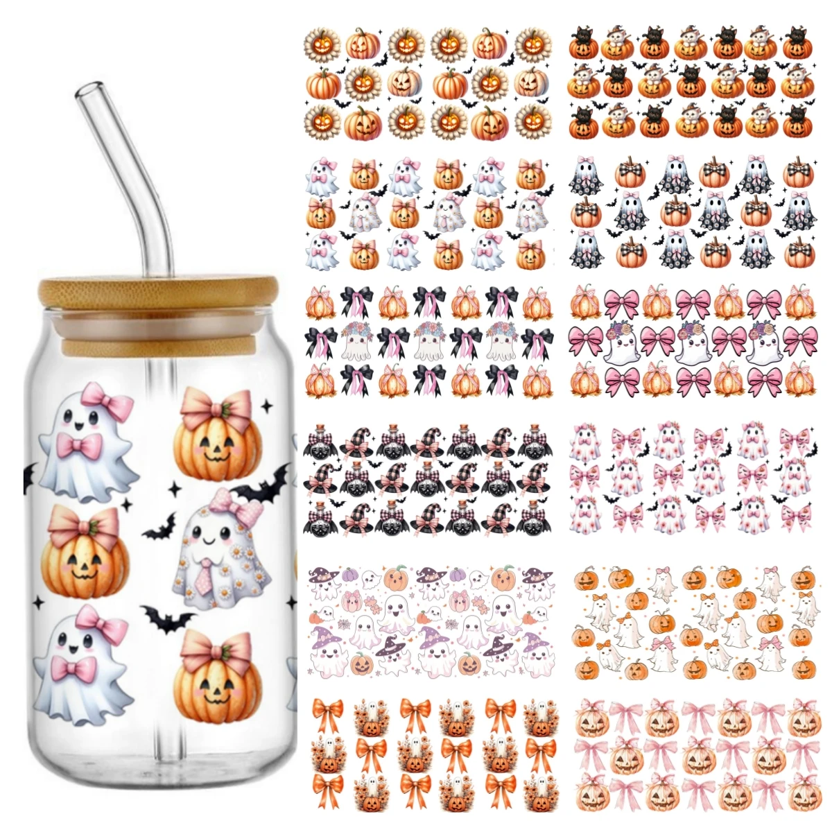 

Miniso Halloween ghost pumpkin pattern UV DTF cup wrap transfer stickers For 16OZ Coffee Glass Can Waterproof DIY Custom Logo