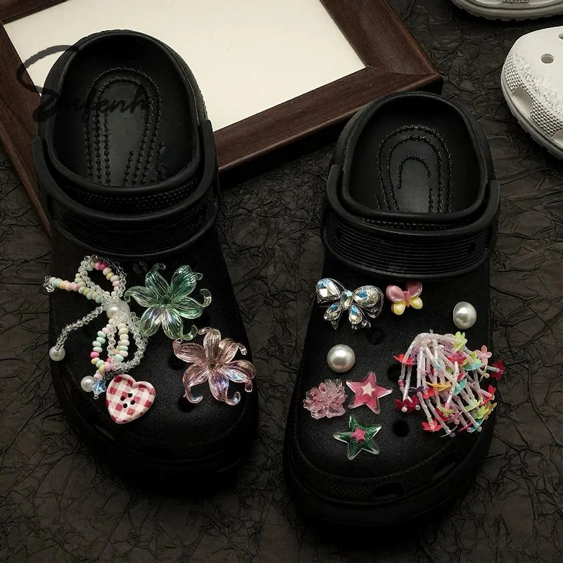 12Pcs Detachable Shoe Flower Shoe Charms DIY Colorful Butterfly Seaweed Bead Chain Shoe Buckle Hole Accessories For Girls