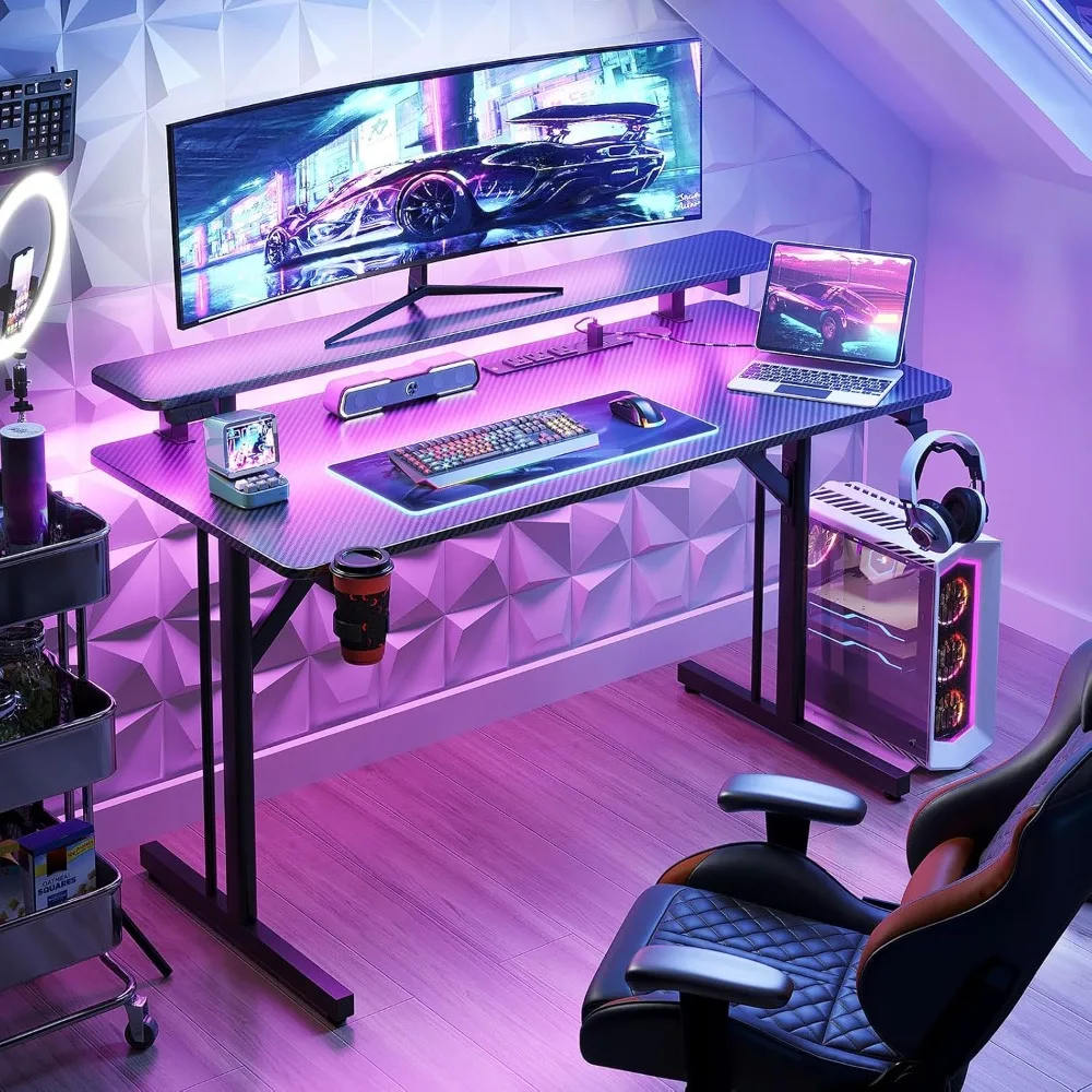 39 Inch Gaming Desk with LED Lights & Power Outlets and Monitor Shelf, Kids Boys Desk Gift for Men, Gaming Table