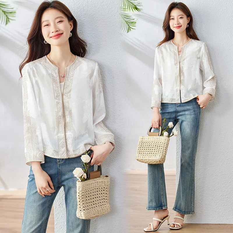 Autumn Winter Women Coat Jacquard Casual Jacket Embroidery Long Sleeve Chinese Blouse Mandarin Collar Vintage Button Tops
