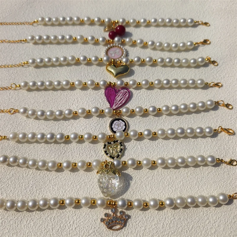 Pet Pearl Collar with Assorted Charms Bow Camellia Rhinestone Pendant Dress-up Necklace for Chihuahua Maltese Cat