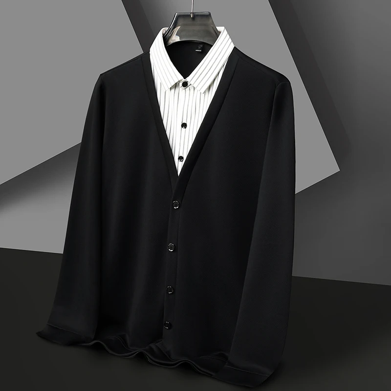Men's Casual Striped Shirt Collar Sweater with Two-Piece Effect, 2026 New Arrival for Mid-Aged and Youthful Autumn Wear