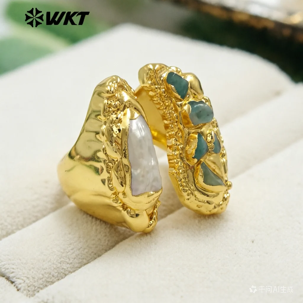 WT-MPR108 WKT New Vacano Series Design 18K Gold Plated Freshwater Pearl And Amazonite Stone Ring In Adjustable Size