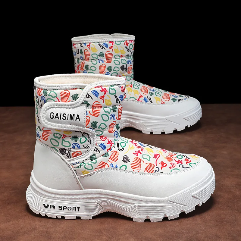 

2025 Winter Fashion Printed Men's White Boots Warm Plush Snow Boots Men Non-Slip Platform Ankle Boots for Men botas para hombre