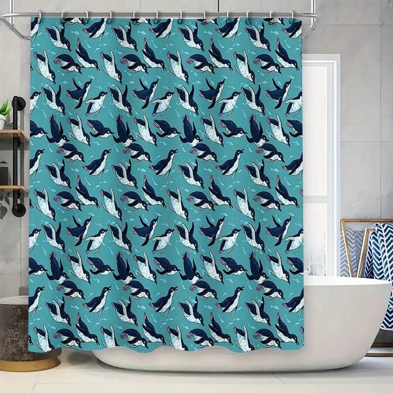 

Unique Penguin Shower Curtain Blue Ocean Birds Bathroom Decor Set Waterproof Fabric Washable Modern Home Textile