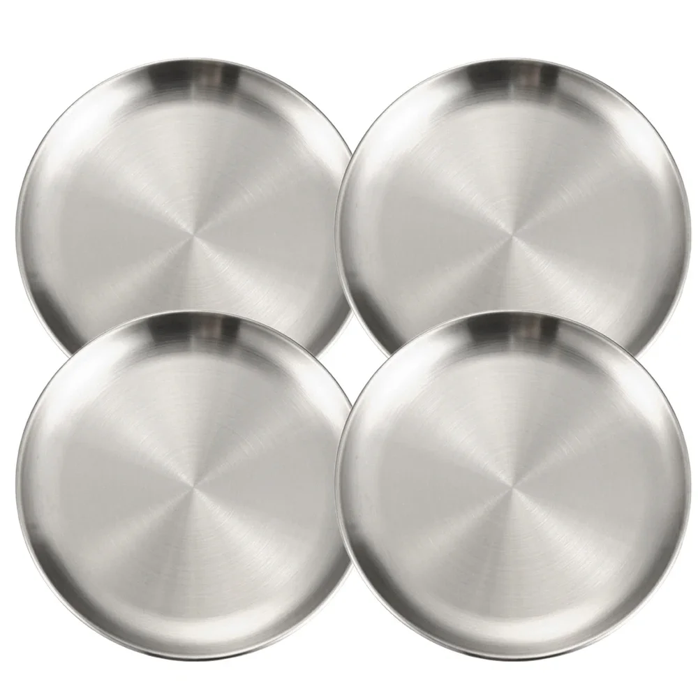 Juego de platos de acero inoxidable para barbacoa, pollo frito, plato de carne, bandeja de almacenamiento de frutas y verduras, plato de postre para pastel de fiesta, 4 Uds.