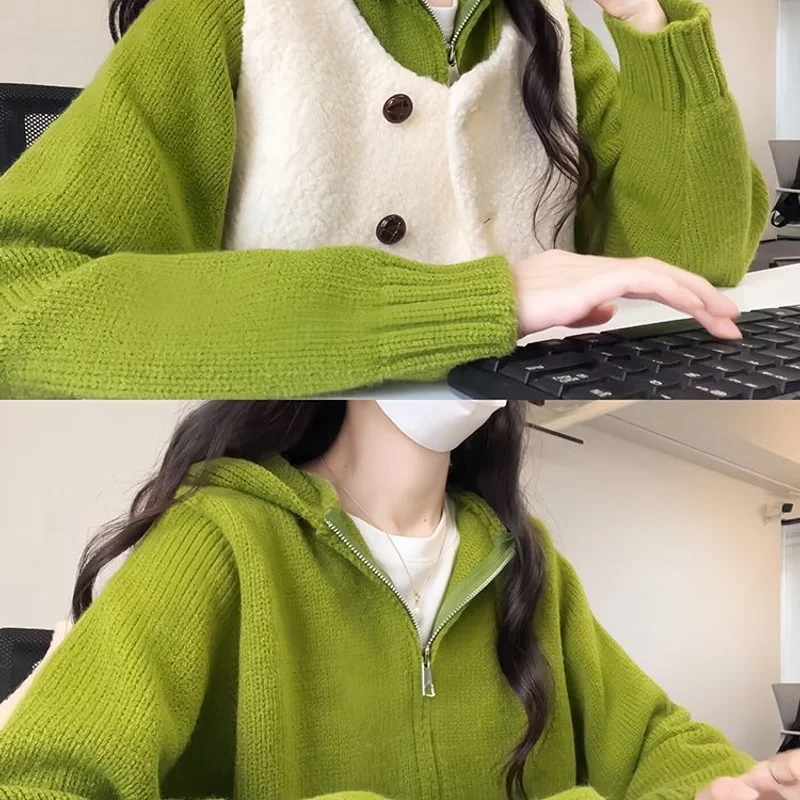Spring Autumn Daily Knit Cardigan Avocado Green Drawstring Hood Long Sleeve Relaxed Fit Streetwear Top