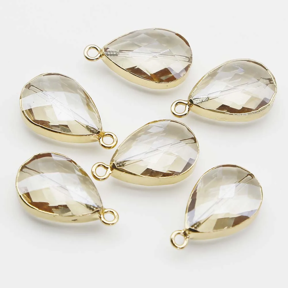 Quality Champagne Gold Plating Color Brass Glass Tear Water Drop Necklace Pendant Colourful Reiki Charms Jewelry Wholesale 12Pcs