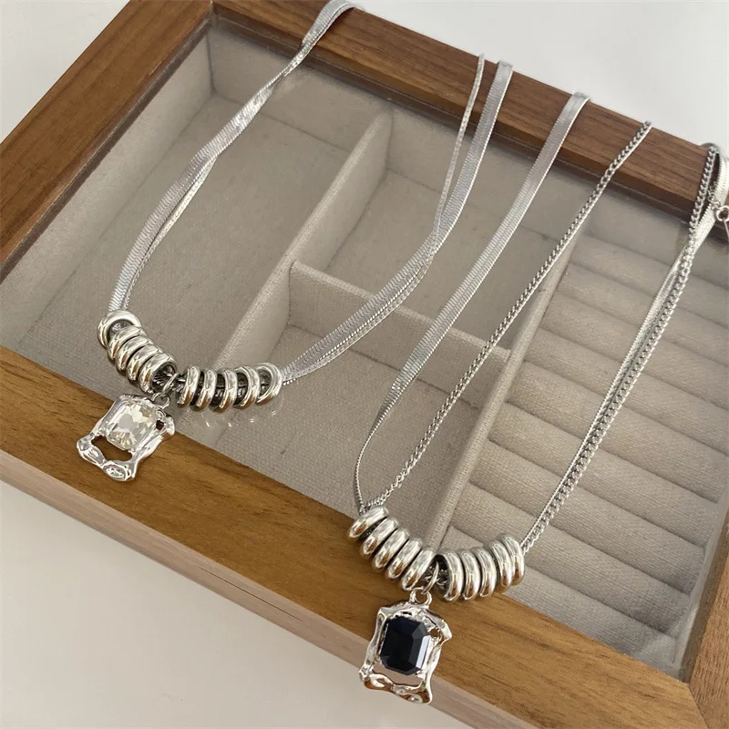 الهيب هوب الرياح التيتانيوم الصلب أبيض وأسود الزركون طبقة مزدوجة قلادة ثعبان العظام سلسلة سترة قلادة هدية عيد الميلاد زوجين #2