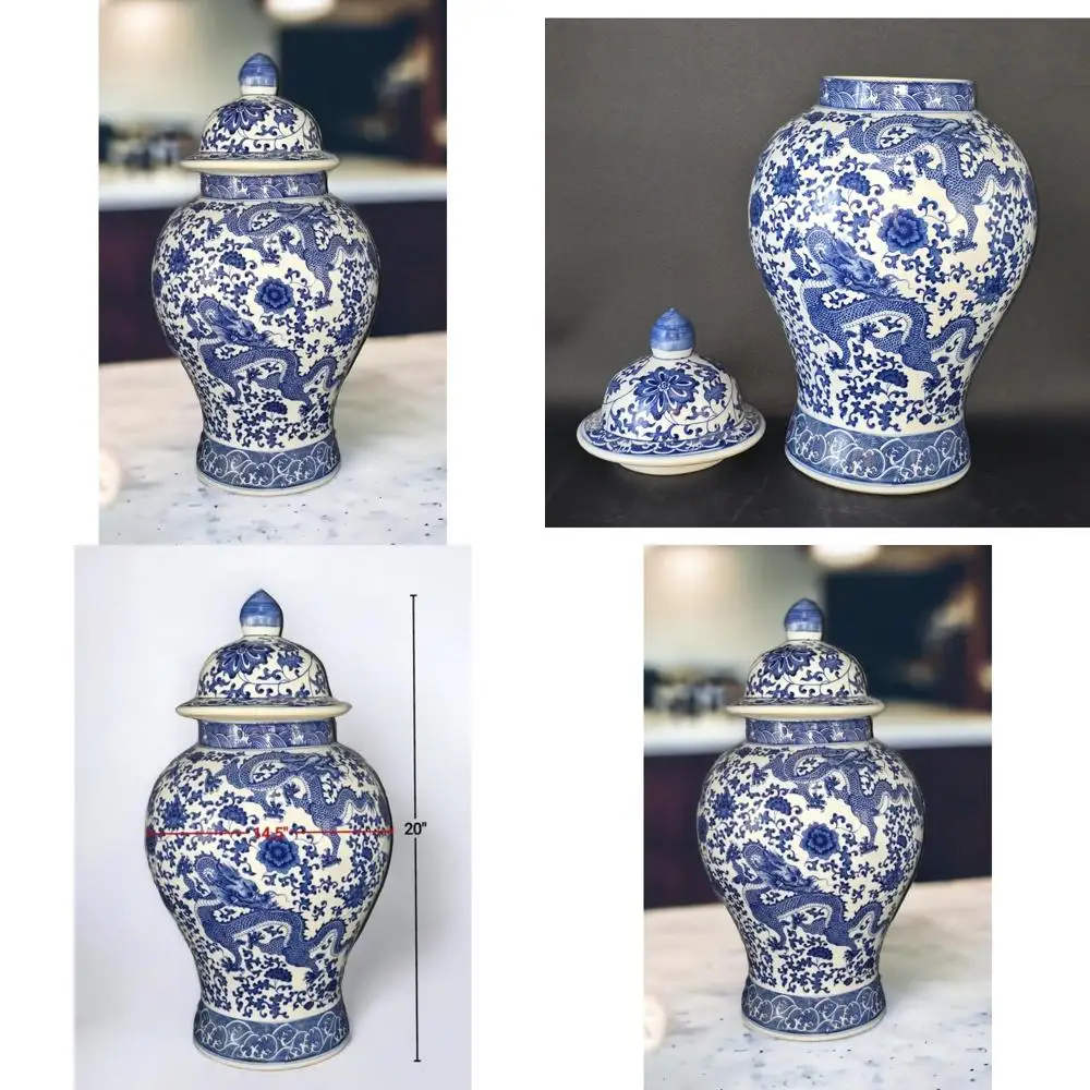 Large Blue & White Floral Porcelain Ginger Jar Vase, Qing Dynasty Style