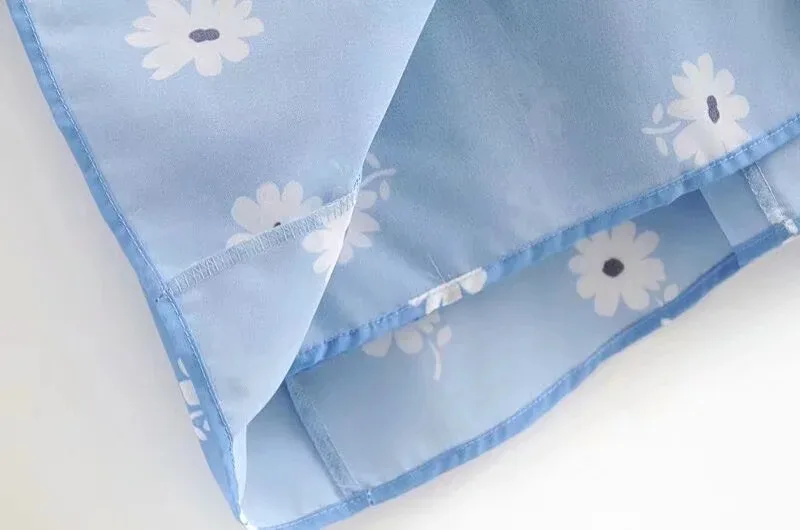 Sexy Women Corset Style Hem Slit Midi Robe Vestido Retro French Women Blue Daisy Flower Print Bow Lacing Up Sling Dress Retro