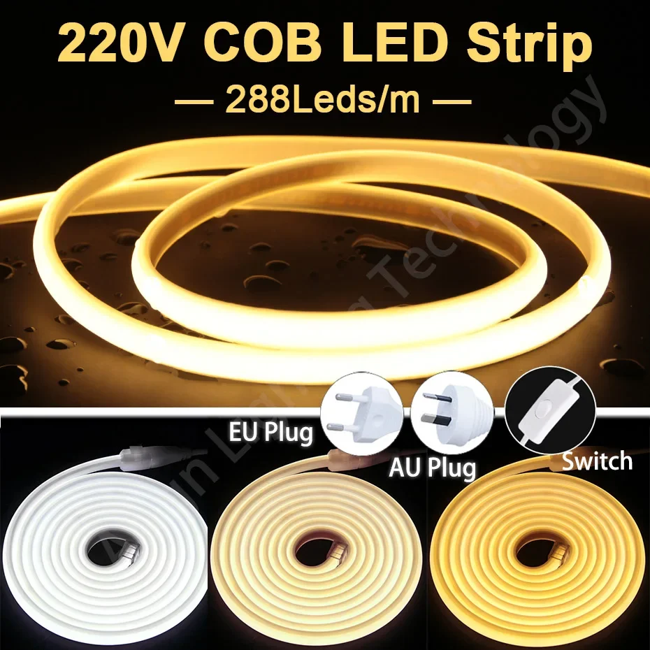 

AC220V COB Strip Light 288LEDs/m Супер яркая гибкая лента IP65 Водонепроницаемая уличная лампа с вилкой ЕС/Австралии для декора освещения