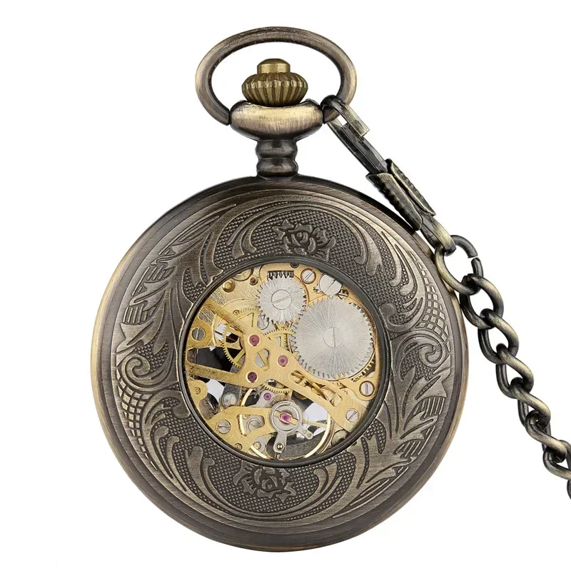 Retro Hollow Case Pocket Watches Steampunk Skeleton Handwinding Mechanical Pendant Clock with Chain Gift To Men Women reloj