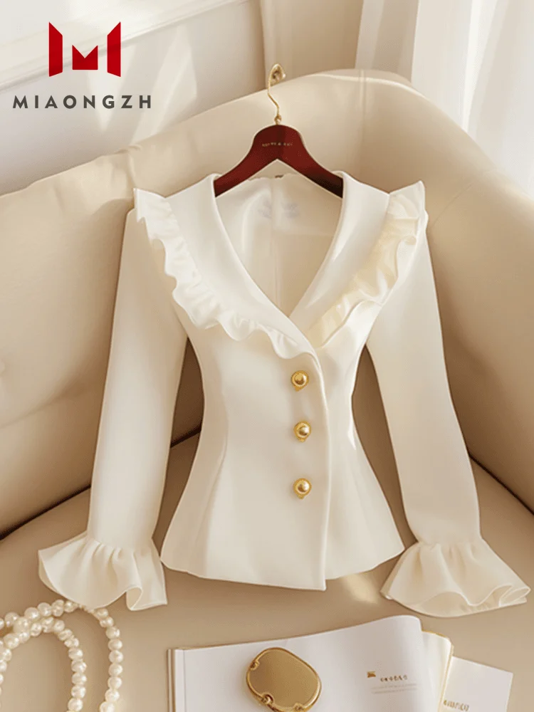 

2025 Spring Autumn Fashion New For Women Coats White Ruffle V Neck Long Sleeve Slimming Single Breasted Retract Your Waist Tops