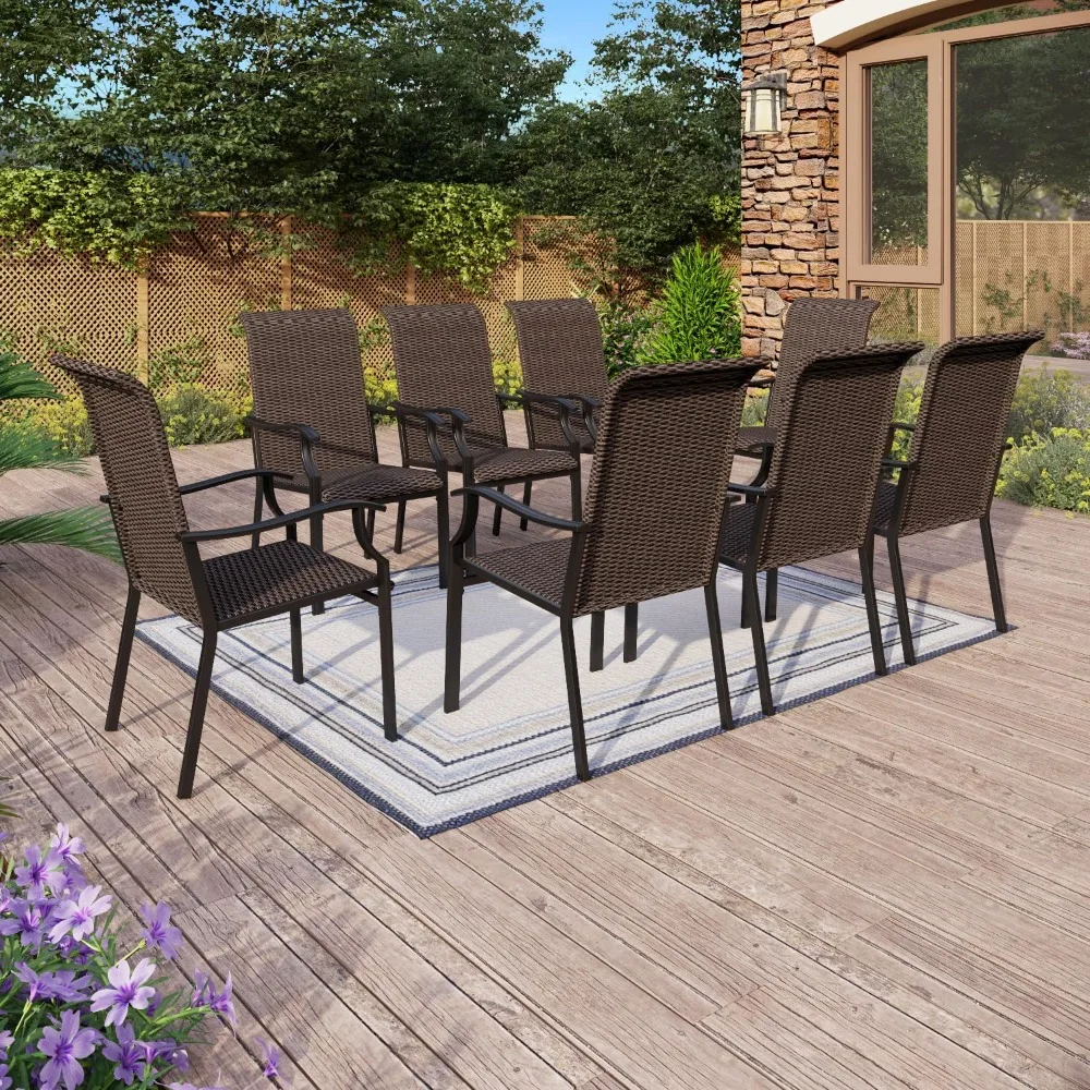 Patio Rattan Dining Chairs Set of 8, High-Back and All-Weather Wicker Dining Chairs with Oversized Seat,Metal Frame and Armrests