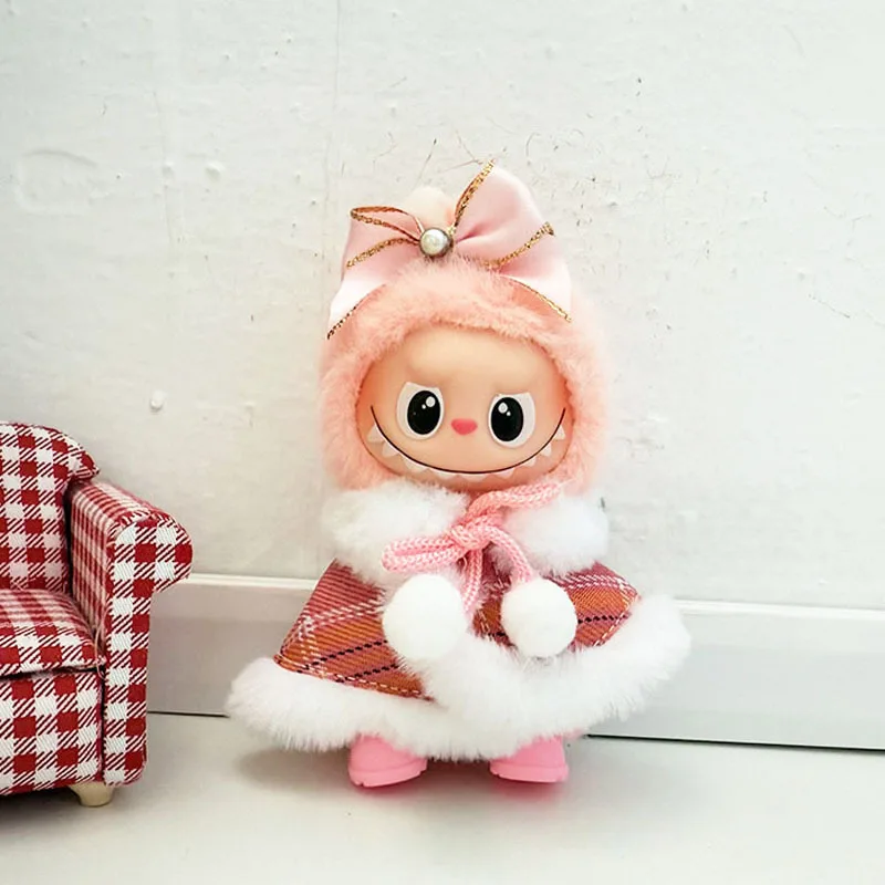 

Clothes For 10cm LABUBU New 4.0 Heart Code Series Mini Doll Outfit Pink Cape With Pearl Ribbon Bow Hair Accessory
