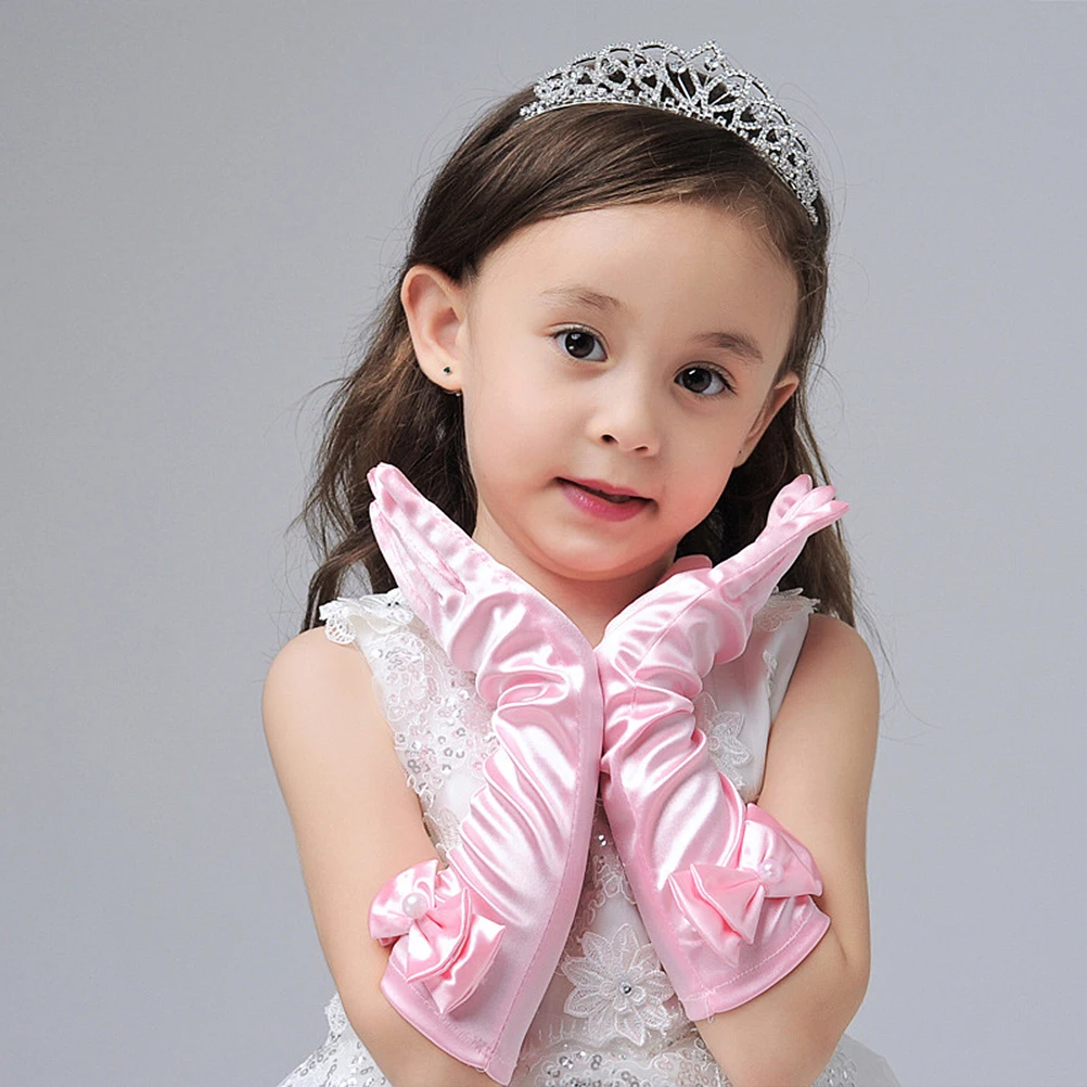 

1 set Girls Satin Gloves Long Dress Up Wedding Party Accessories Bowknot Cuff Durable Handwear For Costume White