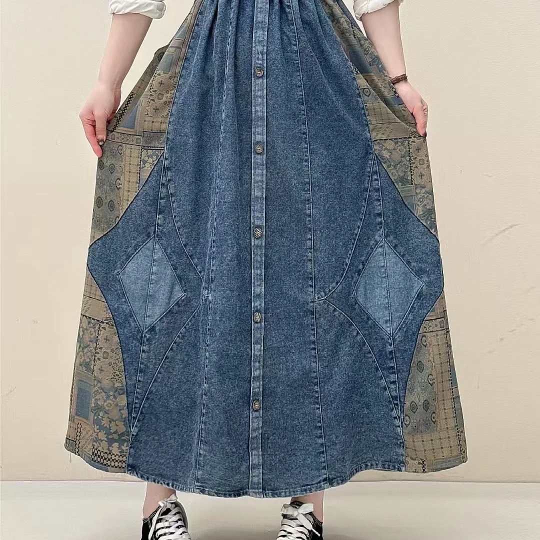 TIYIHAILEY Long Maxi Women Elastic Waist Spring Autumn Denim Skirt Lady A-Line Patchwork Jeans Blue Big Hem 2026 New Fashion