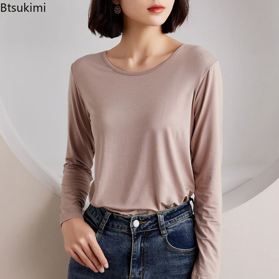 Women Autumn O Neck Long Sleeve T Shirt Slim Fit Solid Simple Basic Casual Top Thin Soft Base Layer Undershirt for Daily Wear