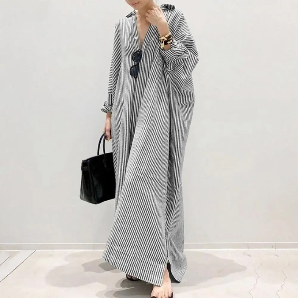 

Loose Fit Dress Striped Print Lapel Maxi Dress for Women Soft Breathable Shirt Type Spring Dress with Long Sleeve Split Hem Plus