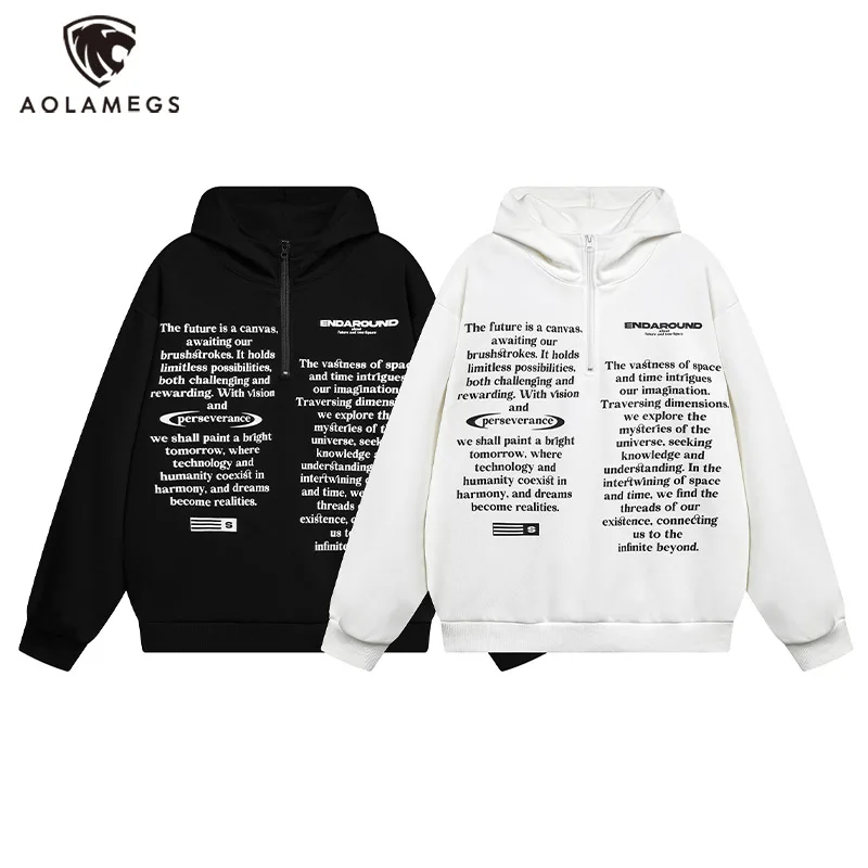 Men's Sweatshirts Letter Patteren Half Zipper Tops Hip-Hop Design Clothes American High Street Hooded Coats Oversize New Style