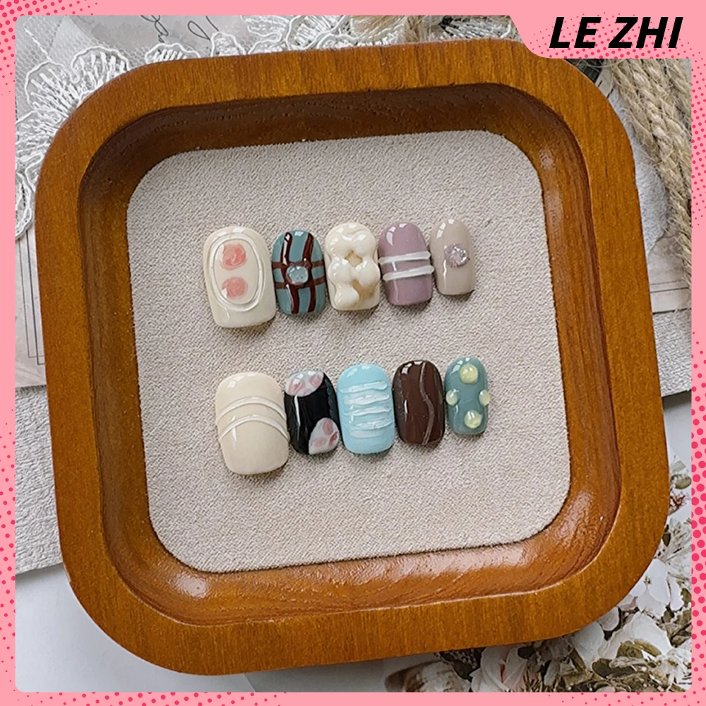 10 قطعة Kawaii قصيرة مربعة مستديرة اليدوية غطاء كامل مسمار لطيف خنزير أرنب رسمت باليد زهرة القوس ستار اللؤلؤ اضغط على الأظافر