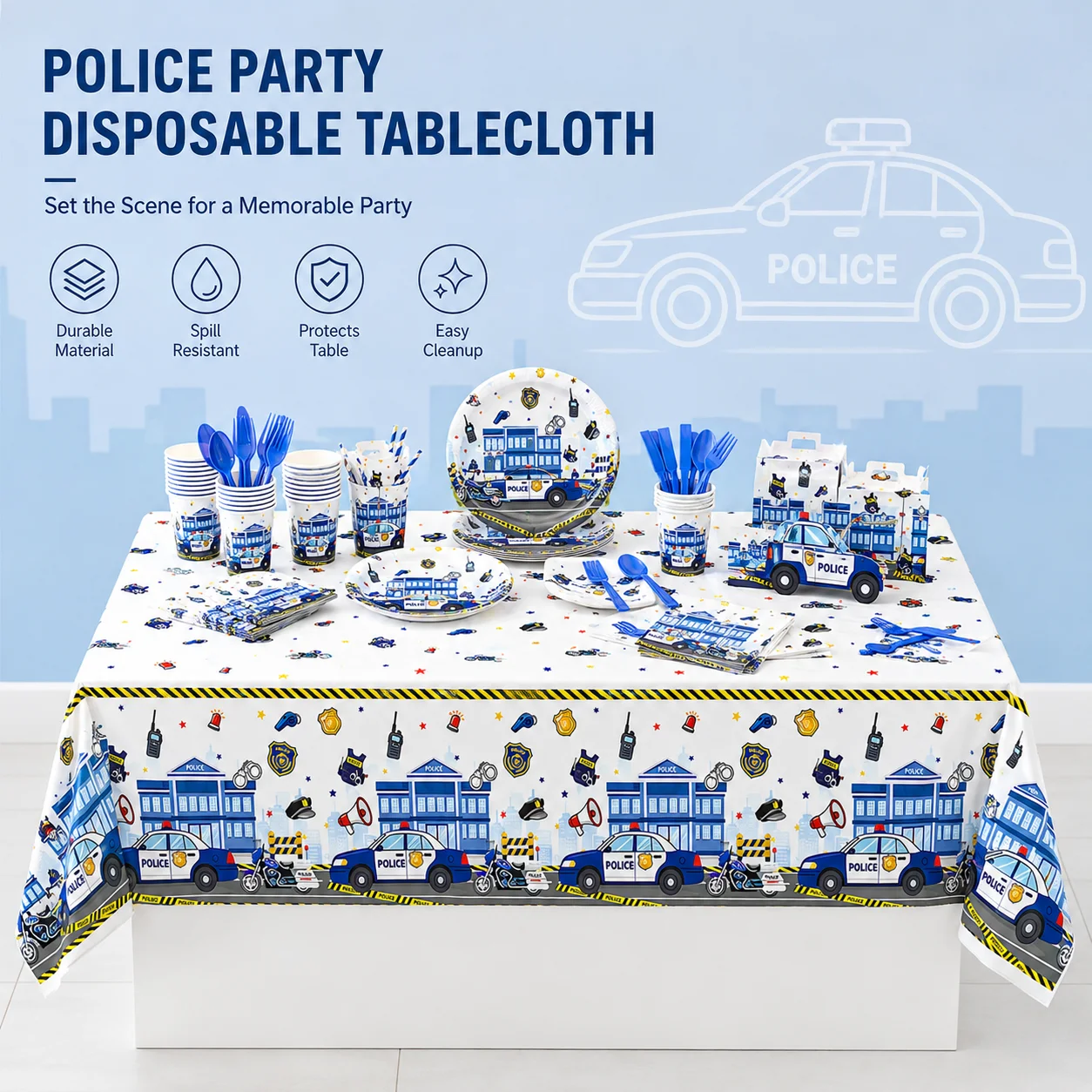 Police Car Tablecloth, Disposable Tablecloth, Rectangular Police Emblem Theme Tablecloth, Plastic Tablecloth for Boys and Teena