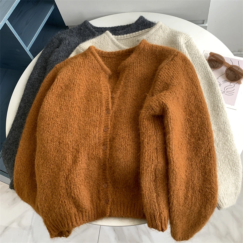 

Retro V-Neck Wool Cardigan Soft Button-Up Coat Multi-Color Elegant Sweater Versatile Office Daily Wear Winter Clothes Women