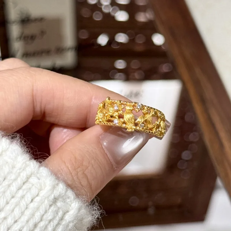 

[Happy Eyebrows] New Chinese-style Golden Bird Hollow Opening Ring Women's Fashion Light Luxury National Style Inlaid Ring