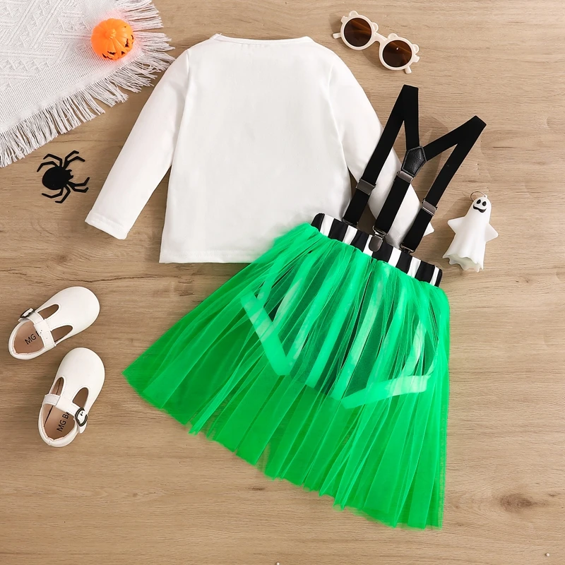 Baby Girl 1st Halloween Outfit Letter Ghost Print Long Sleeve Tops Mesh Tutu Skirt Hem Stripe Suspender Shorts Set