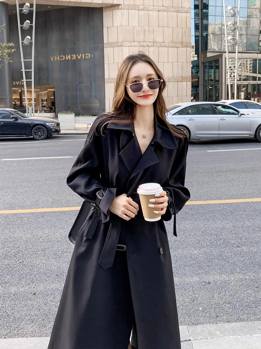 

Woman Trench Coat Drawstrings Textured Premium Business Ropa Outer Drapey Sizes Student Relaxed Navy Camouflage Streetwer