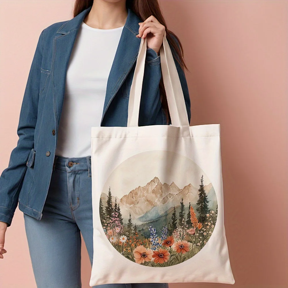 A Mountain view pattern print canvas tote bag, suitable for daily use, shopping, school, and travel