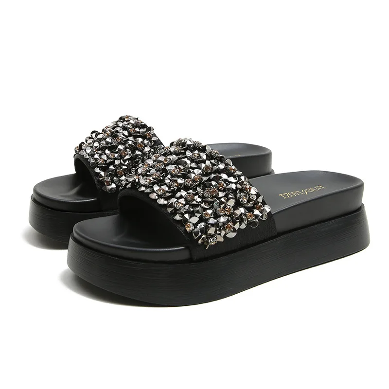Thick Soled Slippers 2024 New Rhinestone Thick Sole Slippers Summer Fashion Slippers Cool Size 41-43