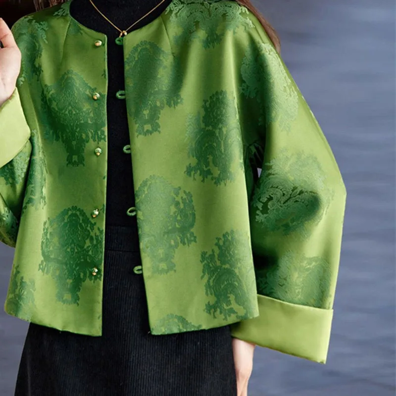 Spring Autumn New Chinese Style Jacket Women's 2026 Green Popular Retro Round Neck Jacquard Short Top Coat Female Outerwear