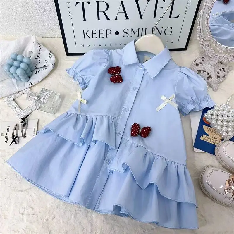 

Korean Version Girls Short Sleeve Shirt Dress Summer Little Girl Dress New Fashion Bow Children Princess Dress Cotton 90-140CM
