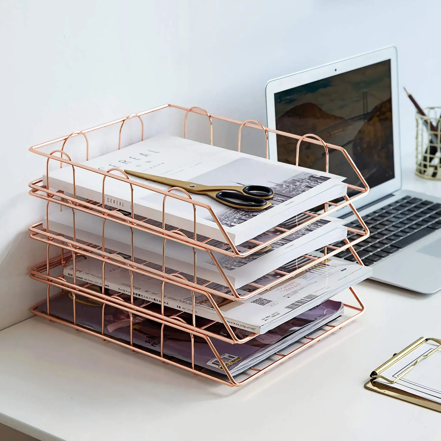 Imagem -02 - Jolitac-rose Gold 4-tier Empilhável Bandeja de Papel Organizador de Mesa Espaço de Trabalho Decorativo Empilhamento Rack Suprimentos Suporte Metal Letra t