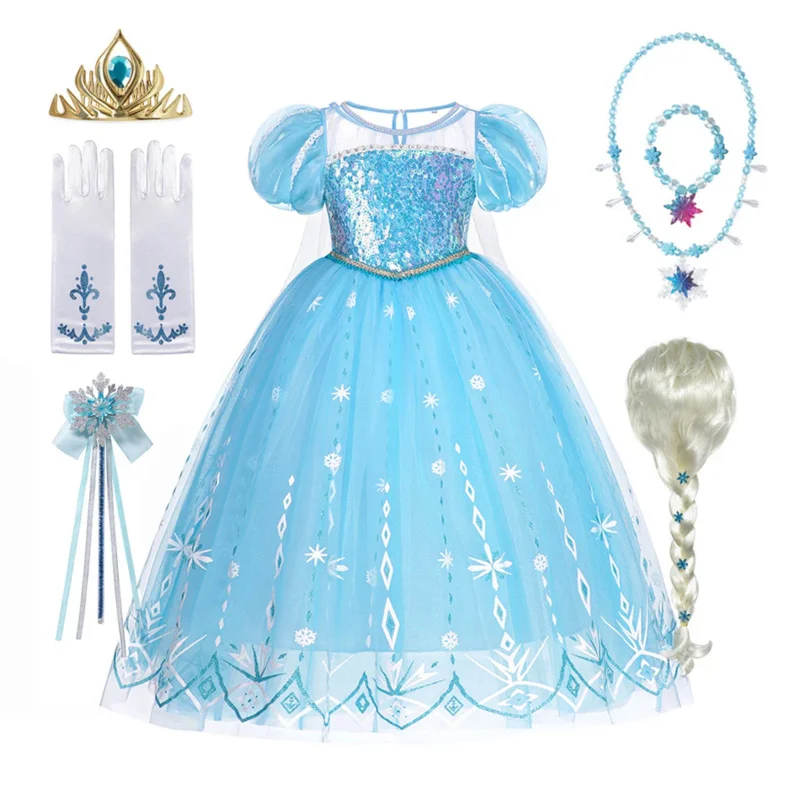 Robe de princesse Elsa de la reine des neiges pour filles, couronne, gants, baguette magique, perruque pour enfants, vêtements de paupières, fête d'anniversaire, cosplay, costume de reine des neiges