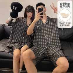 Couples Cardigan Nightwear Summer Women's Pajamas Set with Bra Pad Men's Short Sleeves Sleepwear pijamas para parejas Hombre