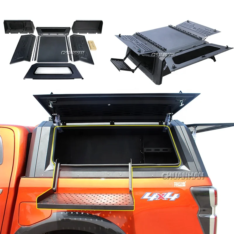 Camper Hardtop Canopy Topper, Steel Bed Cap with Kitchen Shelf for Mitsubishi Triton BT50 Frontier, Heavy Duty Waterproof, Black