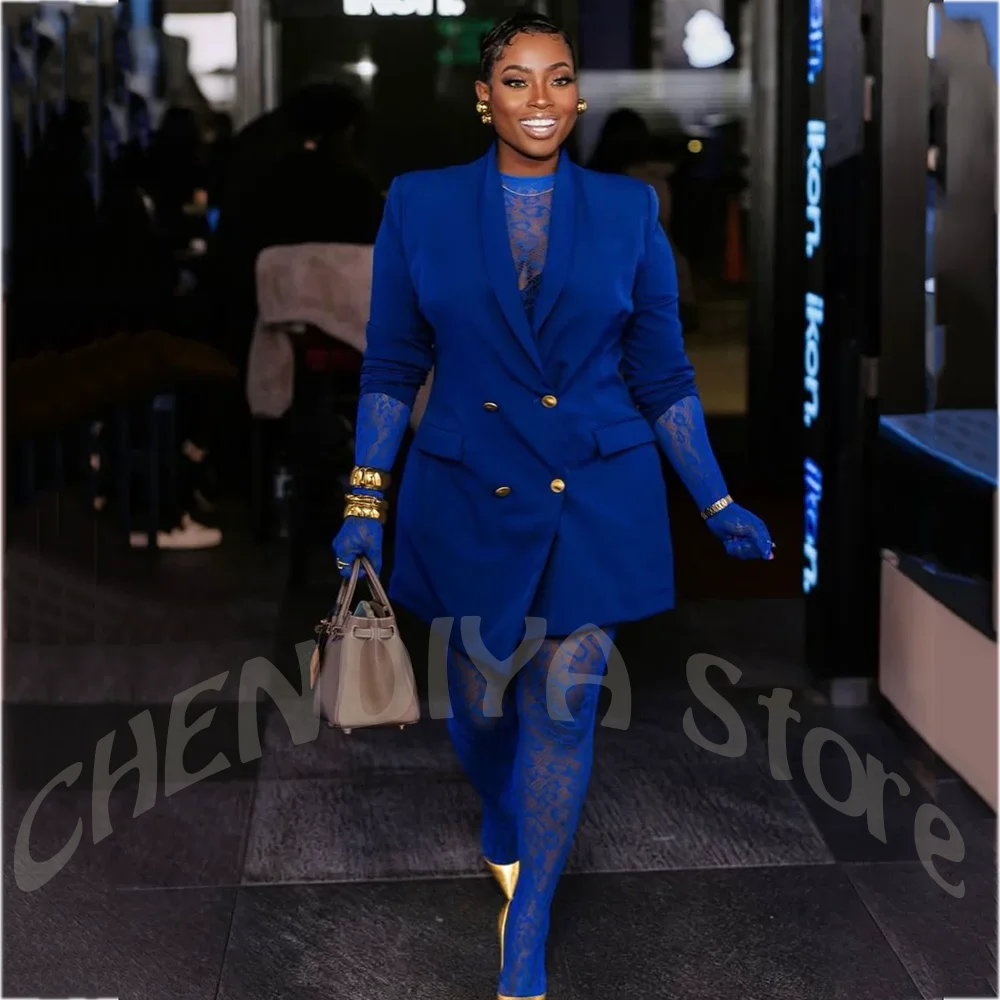 Stylish Oversized Women Blazer Gold Buttons Double Breasted Elegant Shawl Lapel Club Party Evening Formal Suit Jacket Outerwear
