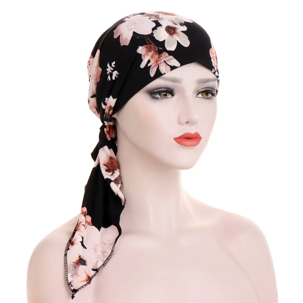 New Women Printed Pre-Tied Turban Cap Muslim Hijab Inner Caps Hair Loss Cover Beanies Bonnet Long Tail Headscarf Strech Bandana